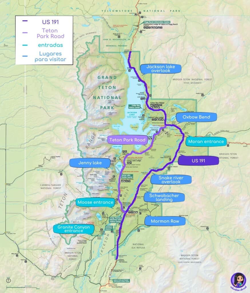 Mapa con los lugares para visitar en el parque Grand Teton