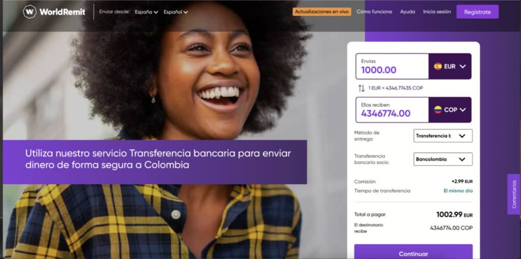 Enviar dinero de España a Colombia con WorldRemit